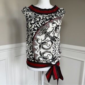 White House Black Market Black White Silk Top with Red Accents Size Small